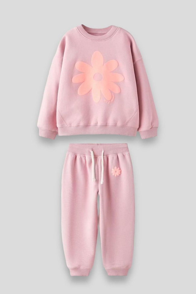 Kız Çocuk Pembe Kabartma Desenli Çiçek Pamuklu Sweatshirt Eşofman Alt-Üst Takım