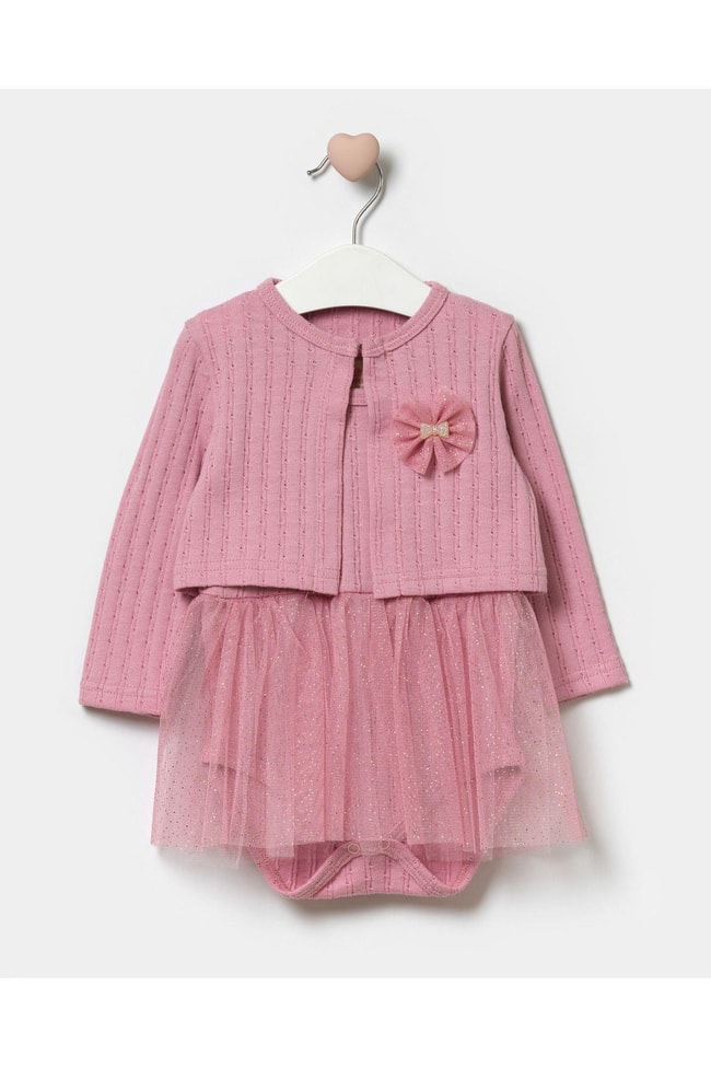 Kız Çocuk Pembe Kurdela Desenli Pamuklu Çıtçıtlı Ceketli Elbise