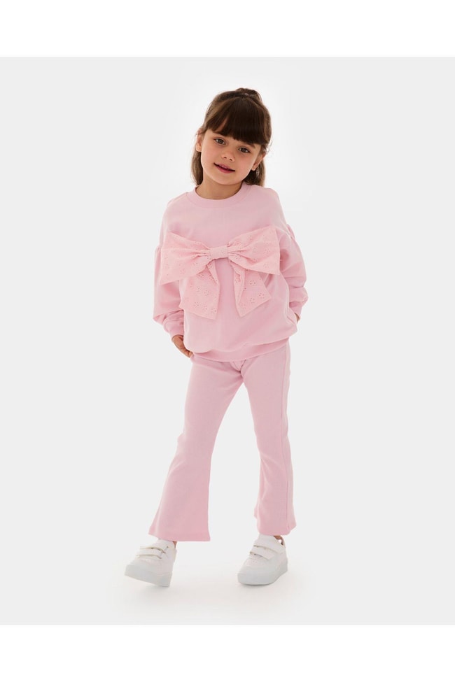 Kız Çocuk Pembe Pamuklu Fiyonklu Pamuklu Sweatshirt İspanyol Tayt Alt-Üst Takım