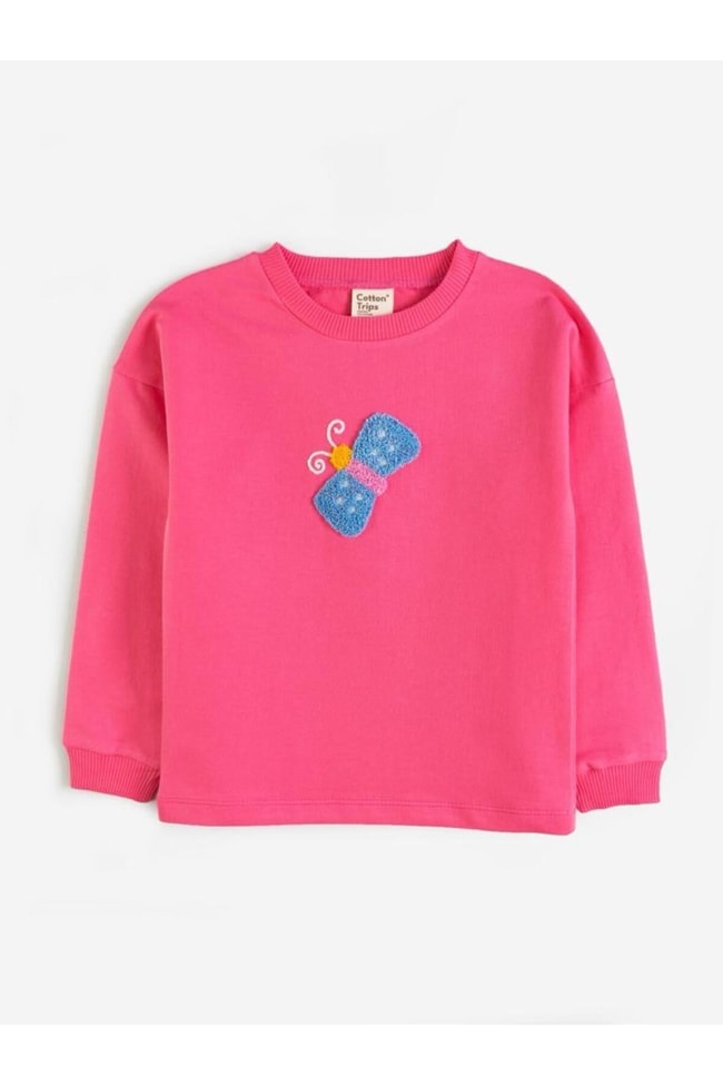 Kız Çocuk Pembe Süzine Kelebek Desenli Pamuklu Sweatshirt
