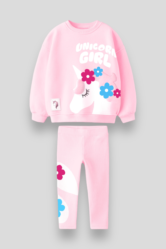 Kız Çocuk Pembe Unicorn 3 iplik Kışlık Pamuklu Kapüşonlu Sweatshirt Tayt Alt-Üst Takım