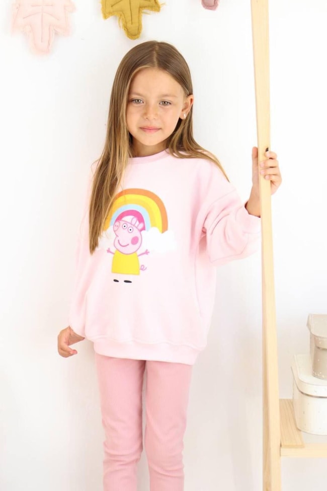 Kız Çocuk Peppa Desenli Pamuklu Sweatshirt Tayt Alt-Üst Takım