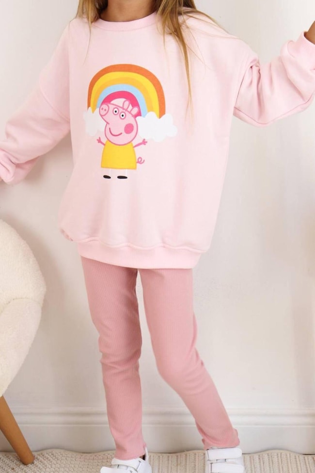 Kız Çocuk Peppa Desenli Pamuklu Sweatshirt Tayt Alt-Üst Takım
