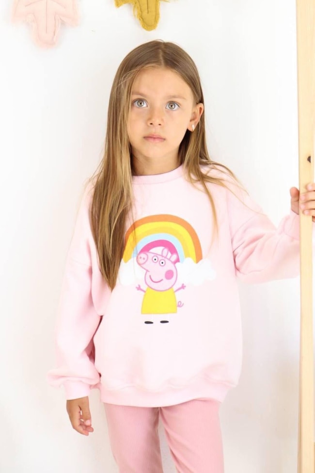 Kız Çocuk Peppa Desenli Pamuklu Sweatshirt Tayt Alt-Üst Takım