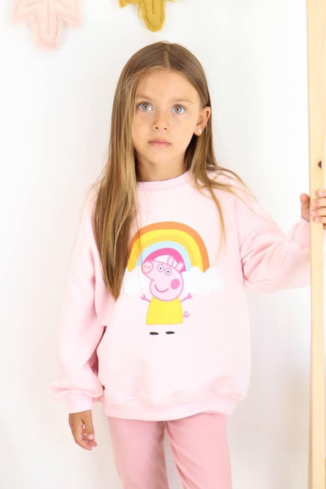 Kız Çocuk Peppa Desenli Pamuklu Sweatshirt Tayt Alt-Üst Takım