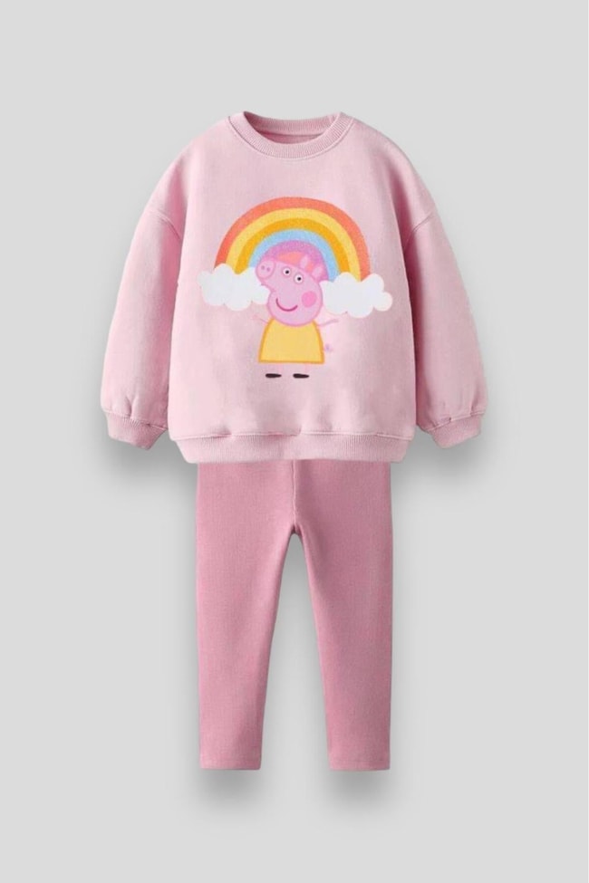 Kız Çocuk Peppa Desenli Pamuklu Sweatshirt Tayt Alt-Üst Takım
