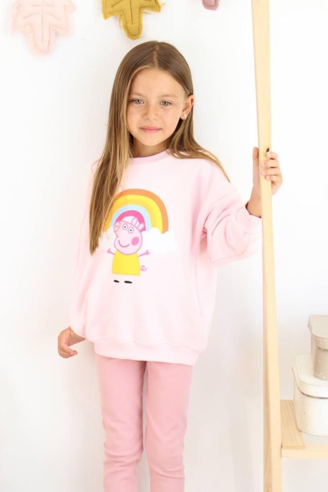 Kız Çocuk Peppa Desenli Pamuklu Sweatshirt Tayt Alt-Üst Takım