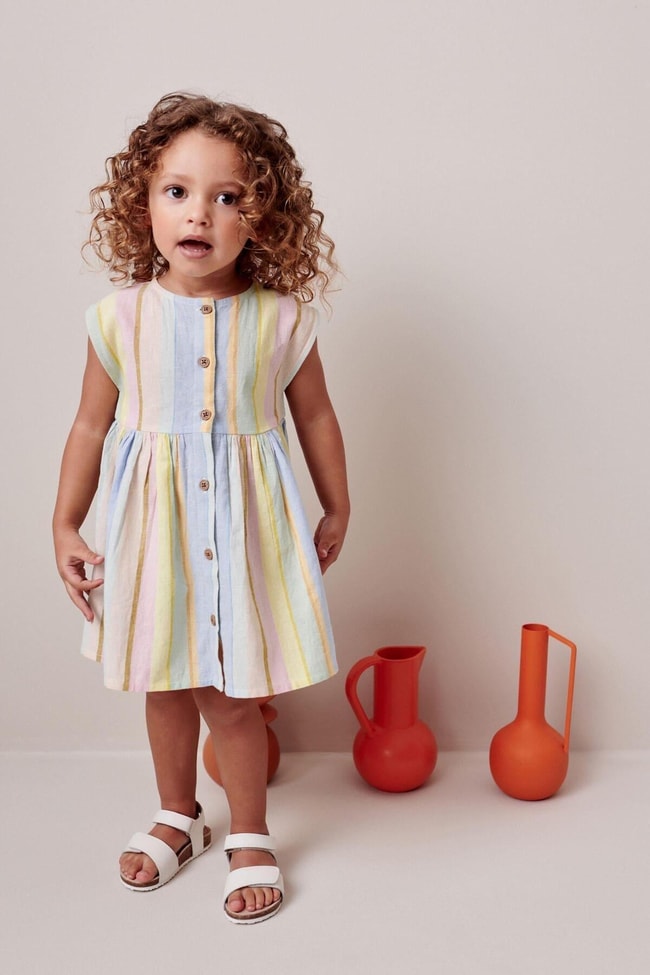 Kız Çocuk Renkli Pamuklu Düğmeli Elbise