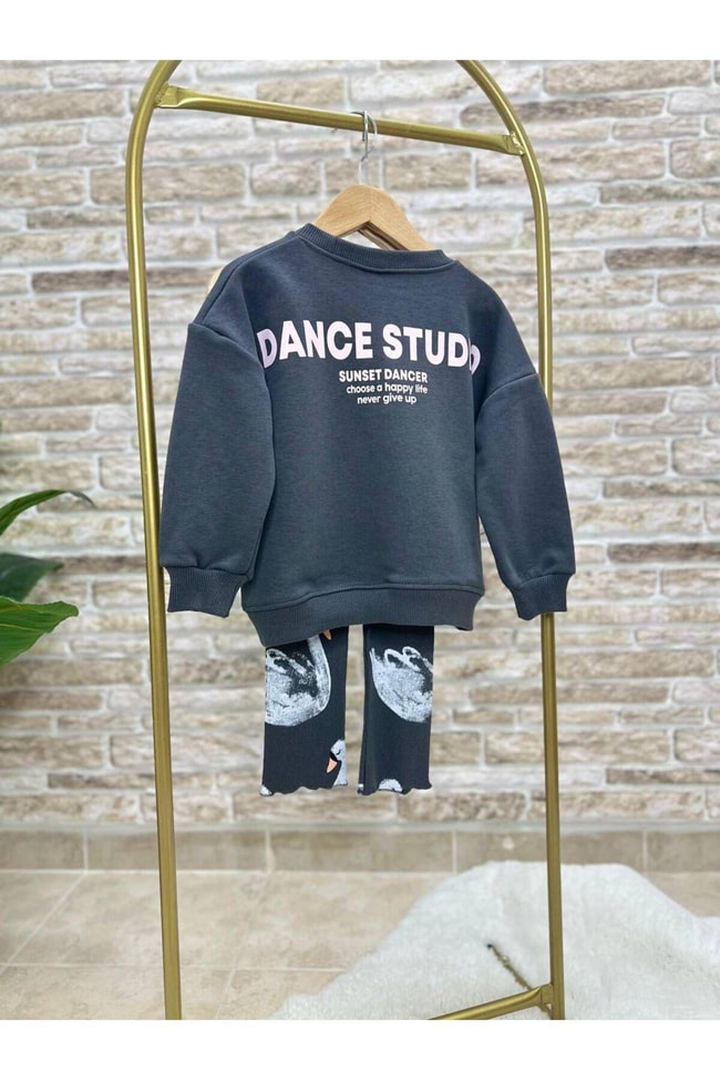 Kız Çocuk Siyah Kuğu Desenli Kışlık 3 İplik Pamuklu Sweatshirt Tayt  Alt-Üst Takım