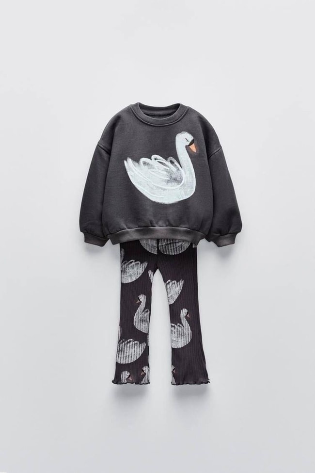 Kız Çocuk Siyah Kuğu Desenli Kışlık 3 İplik Pamuklu Sweatshirt Tayt  Alt-Üst Takım