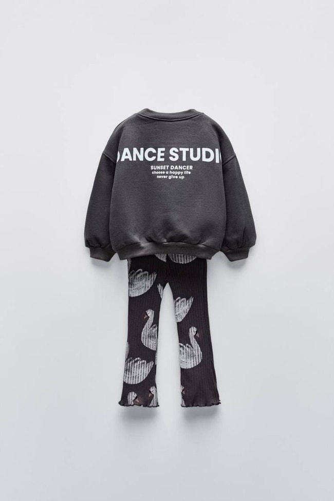 Kız Çocuk Siyah Kuğu Desenli Kışlık 3 İplik Pamuklu Sweatshirt Tayt  Alt-Üst Takım