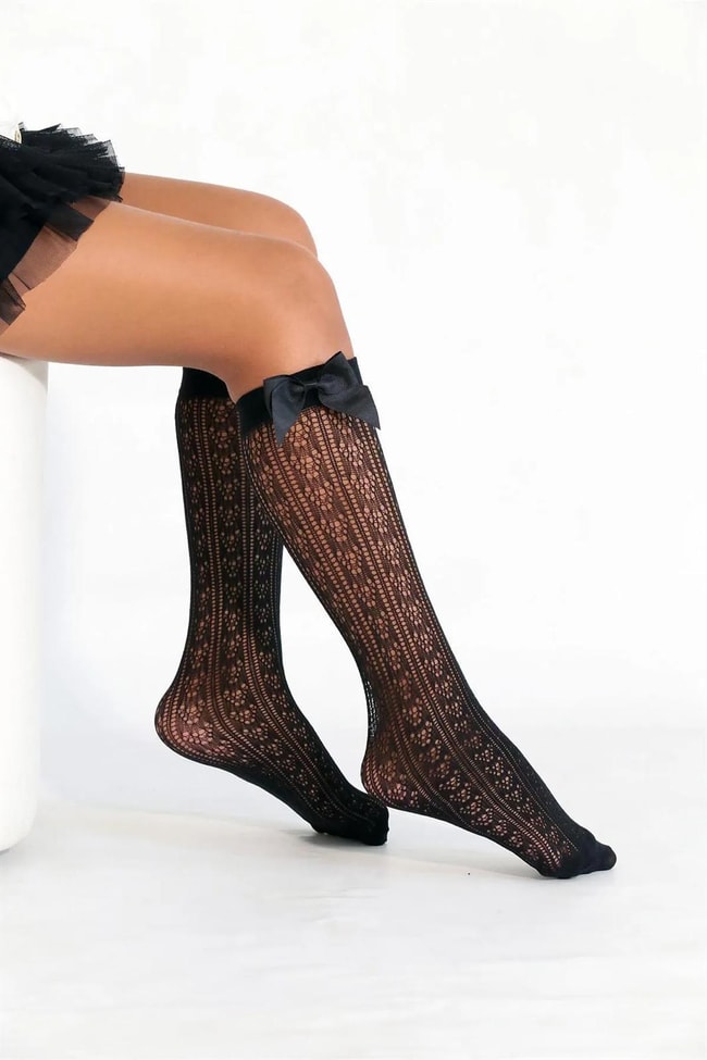 Kız Çocuk Siyah Orietta Fiyonklu Dizaltı Çorap