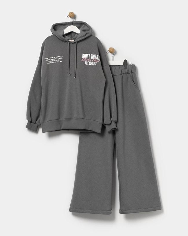 Kız Çocuk Sloganlı Kışlık 3 iplik Pamuklu Sweatshirt Eşofman Alt-Üst Takım