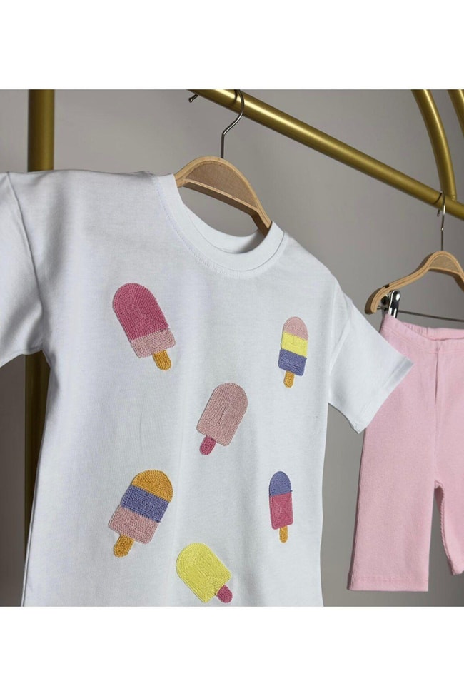 Kız Çocuk Süzezne Kumaş Dondurma Desenli Pamuklu T-shirt Şort Alt-Üst Takım