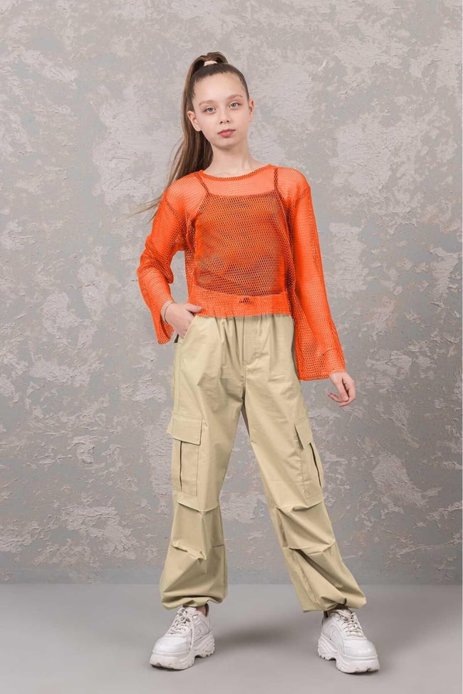 Kız Çocuk Turuncu Fileli T-shirt bluz