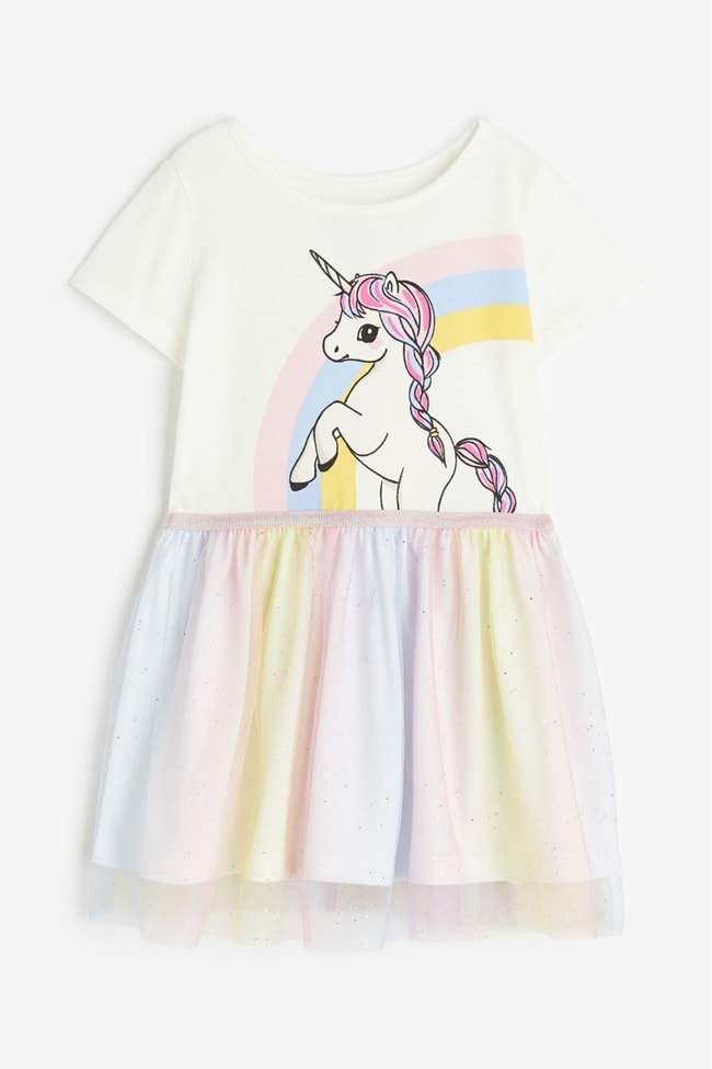 Kız Çocuk Unicorn Desenli Pamuklu Astarlı Elbise