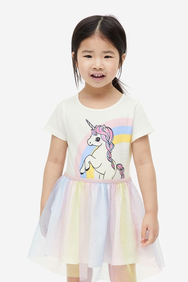 Kız Çocuk Unicorn Desenli Pamuklu Astarlı Elbise