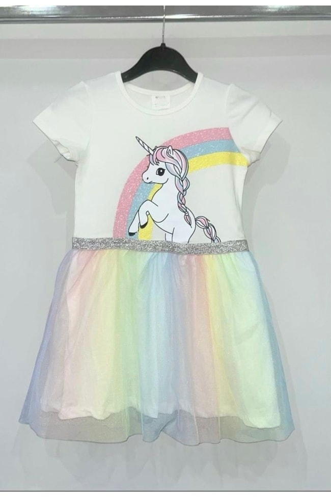 Kız Çocuk Unicorn Desenli Pamuklu Astarlı Elbise