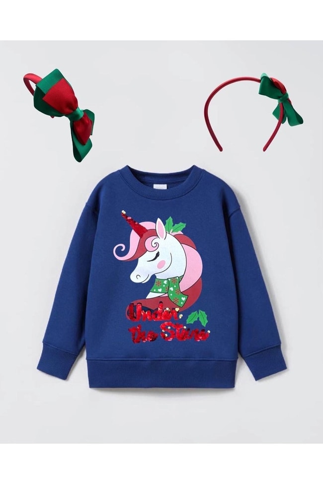 Kız Çocuk Unicorn Pamuklu Taçlı Sweatshirt