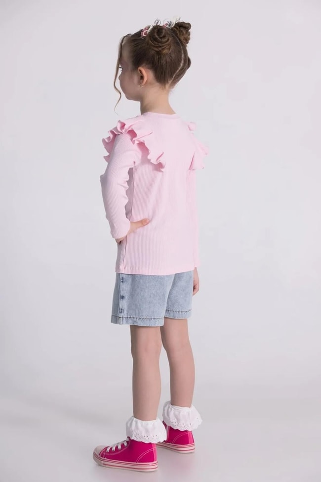 Kız Çocuk Uzun Kollu Kaşkorse Pamuklu Sweatshirt Kot Şort Etek Alt-Üst Takım