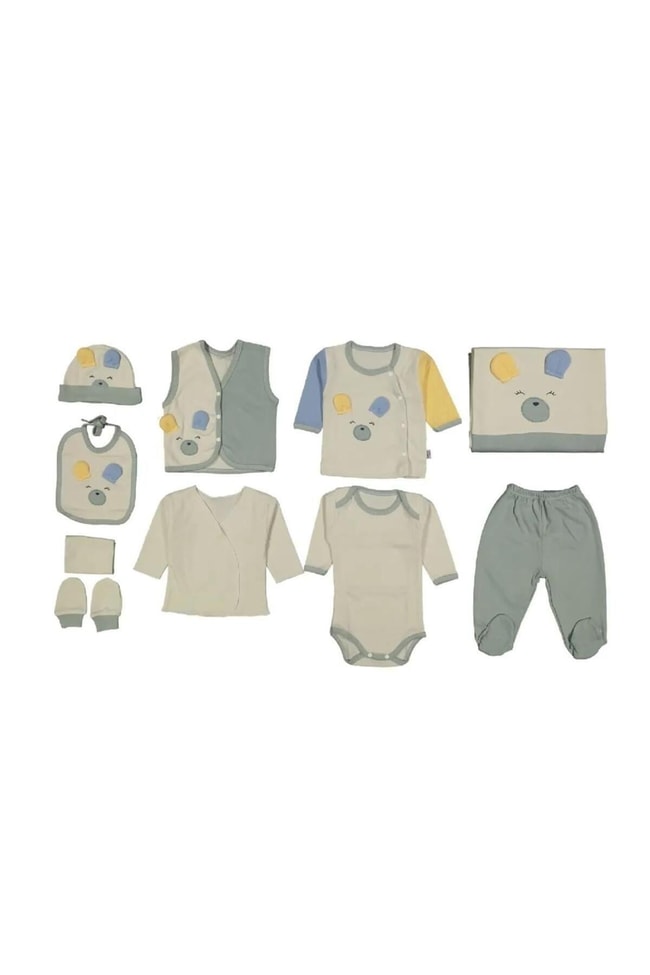 Unisex Çocuk %100 Pamuk  Ayıcık Desenli 10 Parça Hastane Çıkışı Zıbın Seti