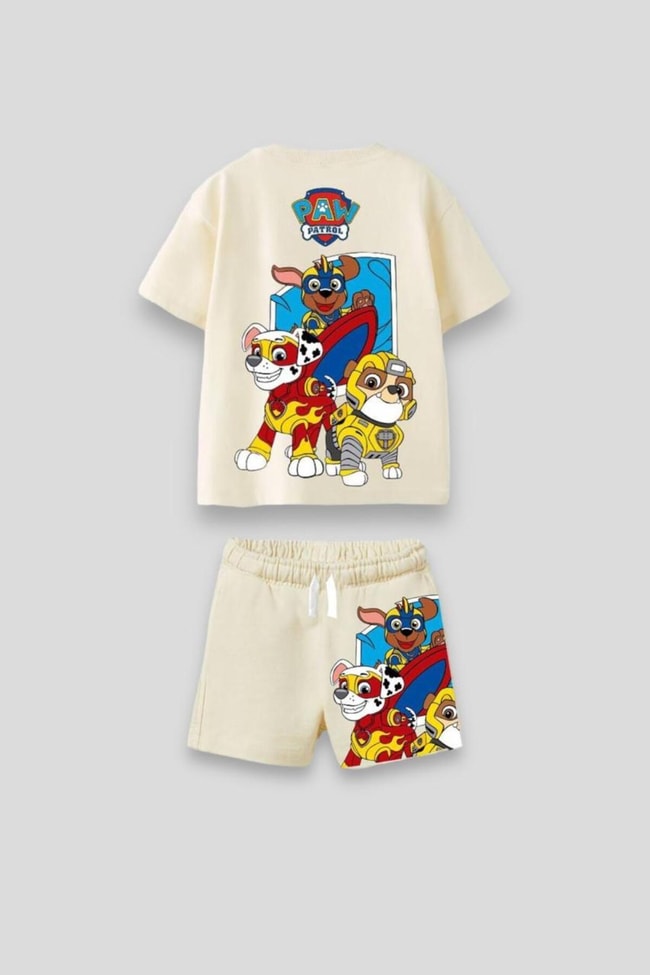 Unisex Çocuk Ekru Paw Petrol Desenli Pamuklu T-shirt Şort Alt-Üst Takım
