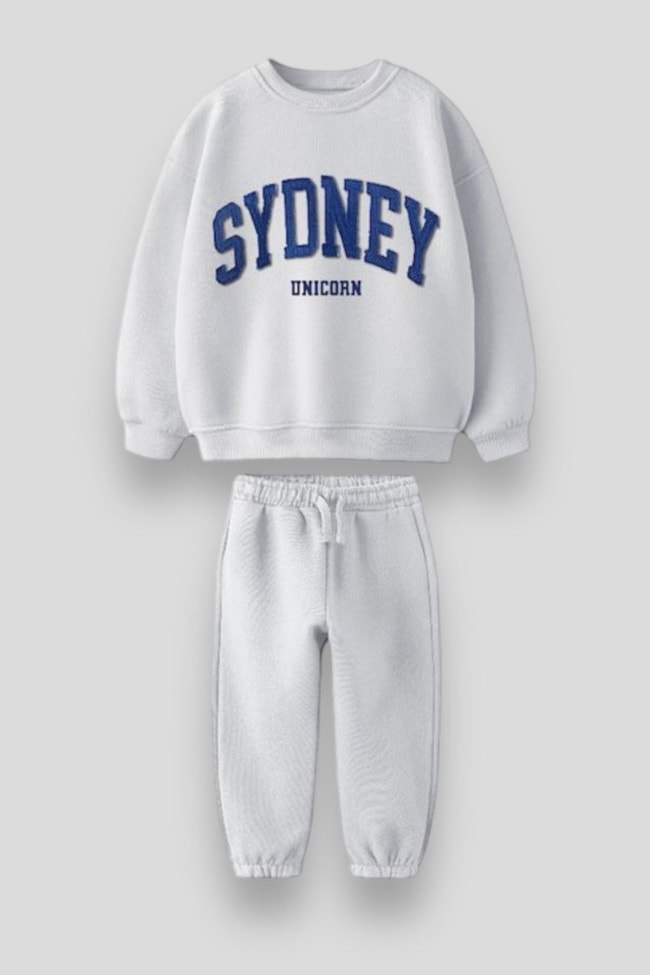 Unisex Çocuk Gri Sydney Desenli Kışlık 3 İplik Pamuklu Sweatshirt Eşofman Alt-Üst Takım