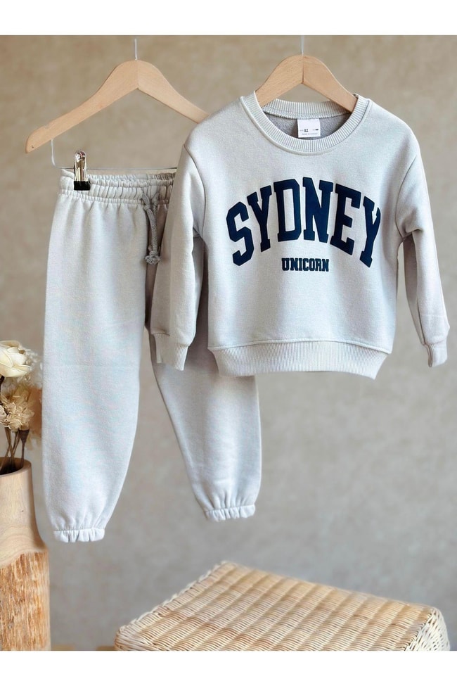 Unisex Çocuk Gri Sydney Desenli Kışlık 3 İplik Pamuklu Sweatshirt Eşofman Alt-Üst Takım
