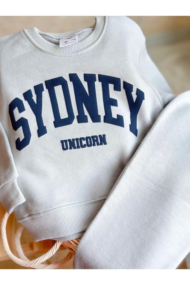 Unisex Çocuk Gri Sydney Desenli Kışlık 3 İplik Pamuklu Sweatshirt Eşofman Alt-Üst Takım