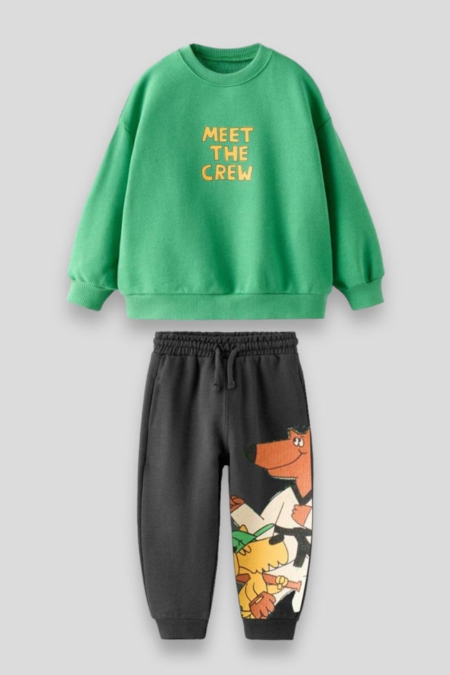 Unisex Çocuk Yeşil Hayvan Desenli Pamuklu Sweatshirt Eşofman Alt-Üst Takım