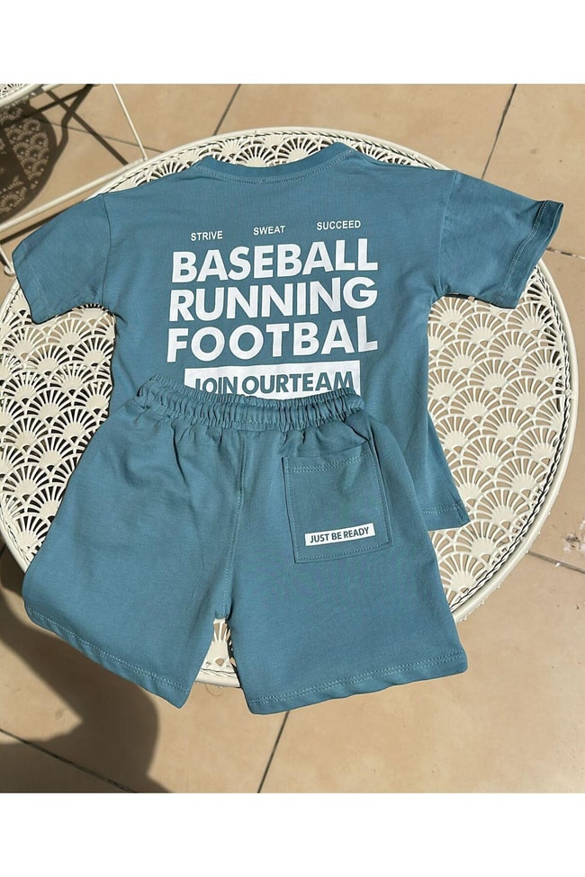 Unisex Mavi Kolej Desenli Pamuklu T-shirt Şort Alt-Üst Takım