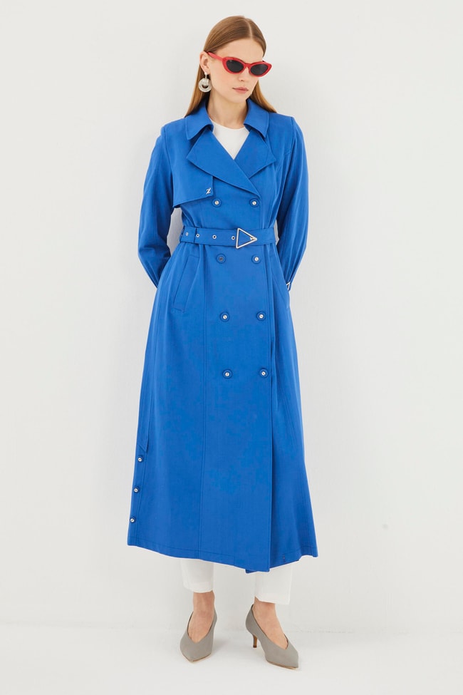 Belted and Sleeve Detailed Aqua Trench Coat 12916