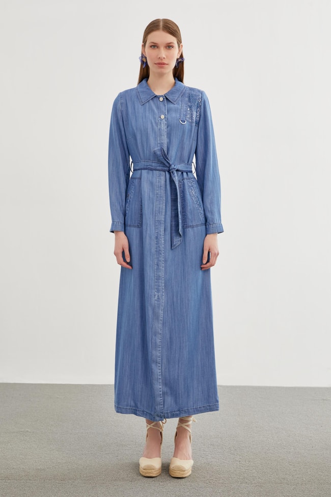 Denim Payet Detaylı Mavi Pardesü 13508