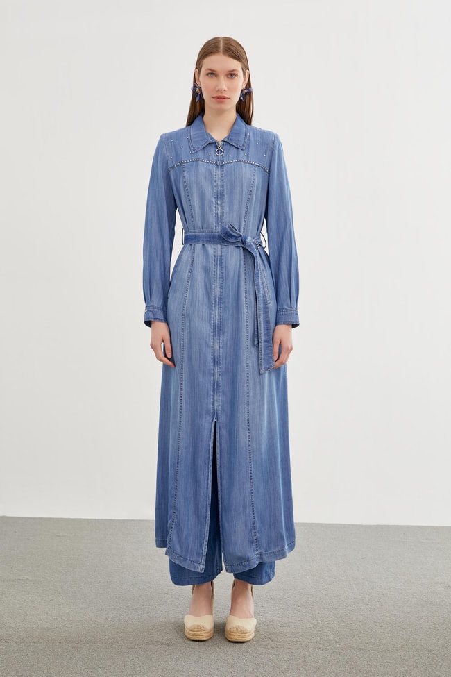 Denim Fermuar Kapamalı Mavi Pardesü 13509