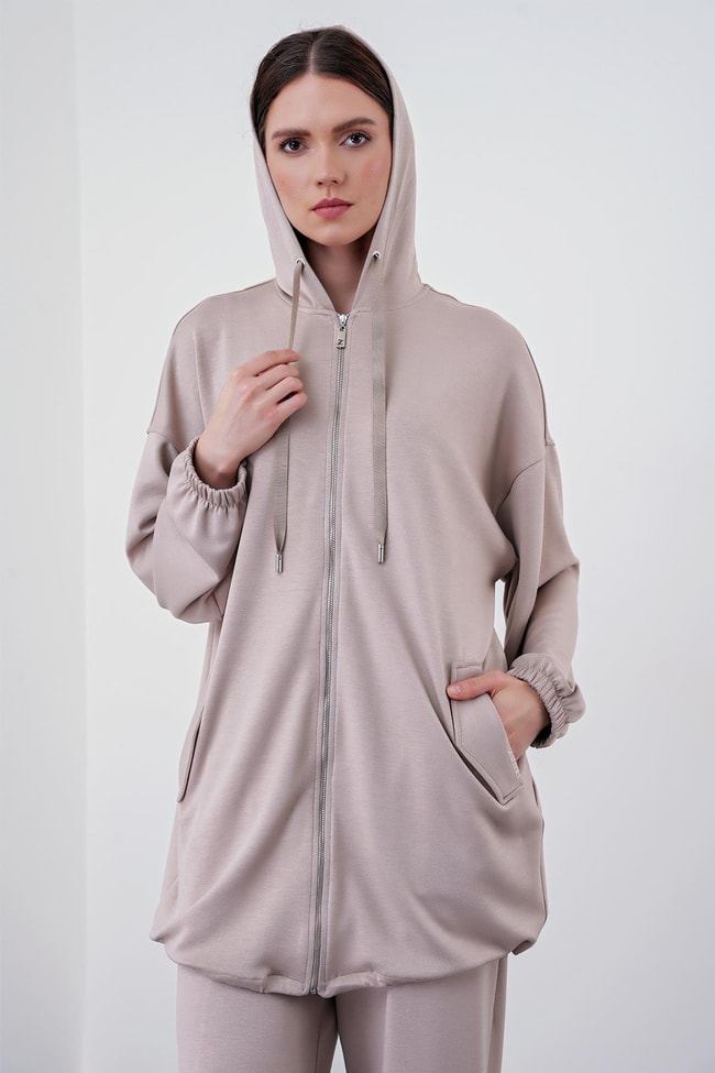 Comfort Fermuarlı Kapüşonlu Bej Sweatshirt C-0092
