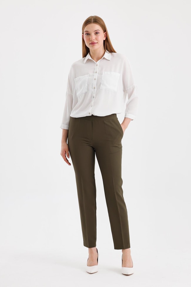 Dar Paça Beli Lastikli Haki Kumaş Pantolon P-0148