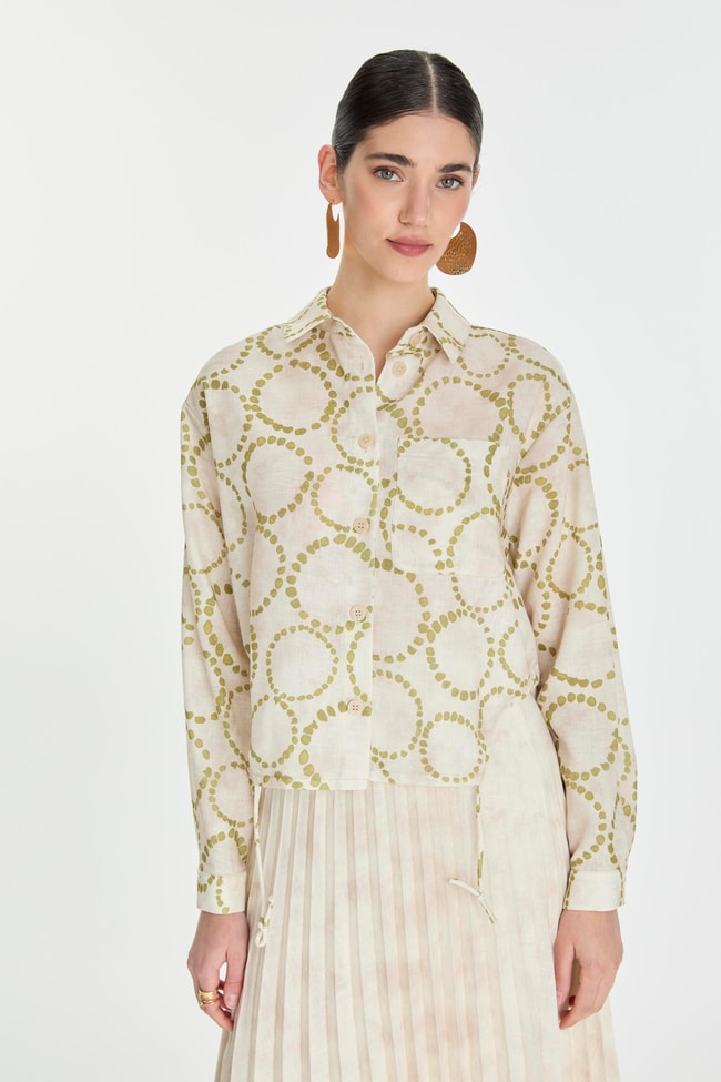 Patterned Pocket Detailed Oil Green Shirt G-0081