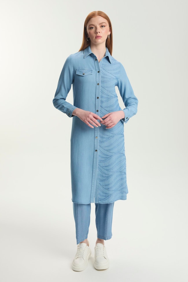 Desenli Uzun Denim Tunik T-1556