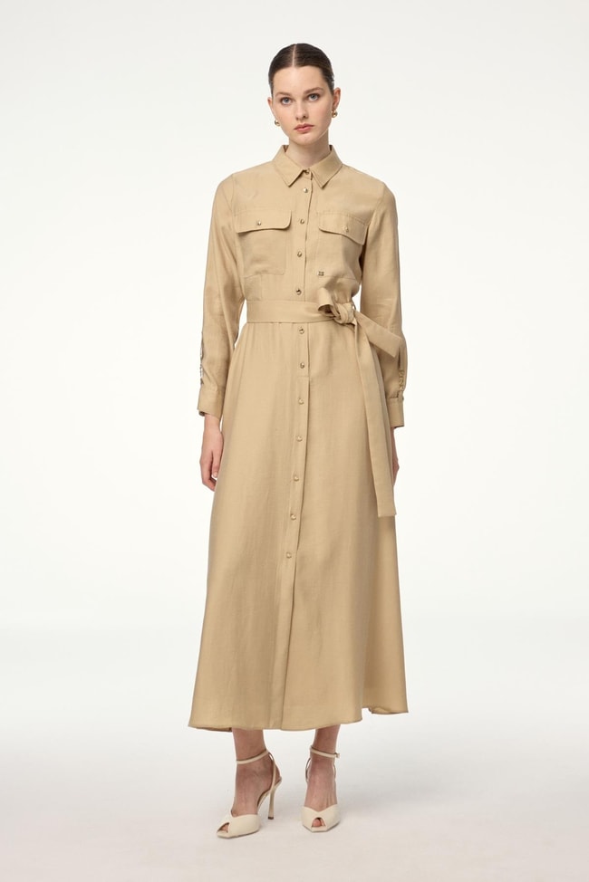 Beige Buttoned Belted Dress E-0498
