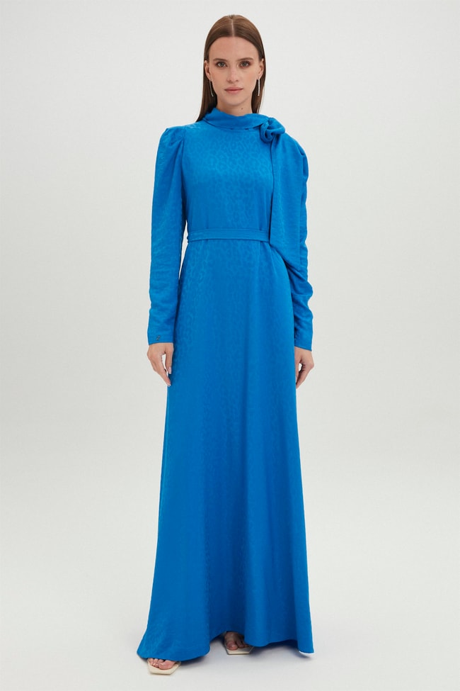 Bow Neck Leopard Print Long Blue Dress E-0343