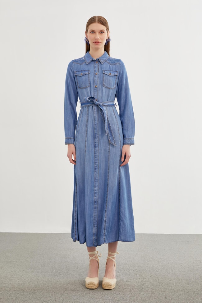 Denim Shirt Collar Sequin Detailed Dress E-0382