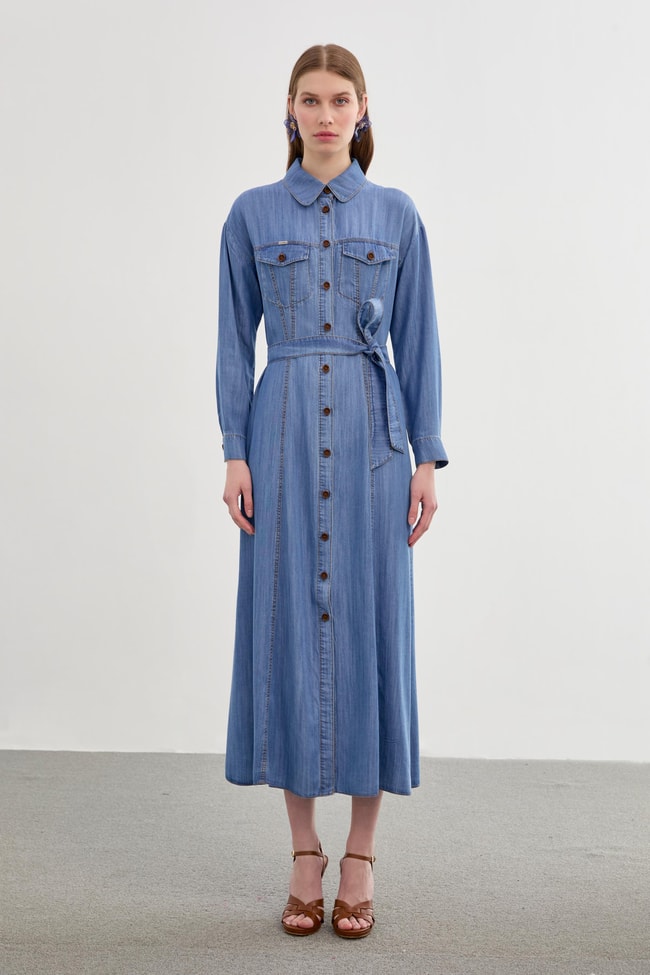 Denim Gömlek Yaka Düğmeli Mavi Elbise E-0392