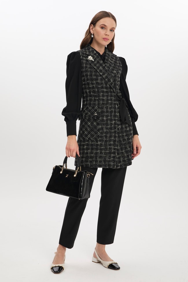 Tweed Desenli Aksesuar Detaylı Siyah İkili Takım TK-1389