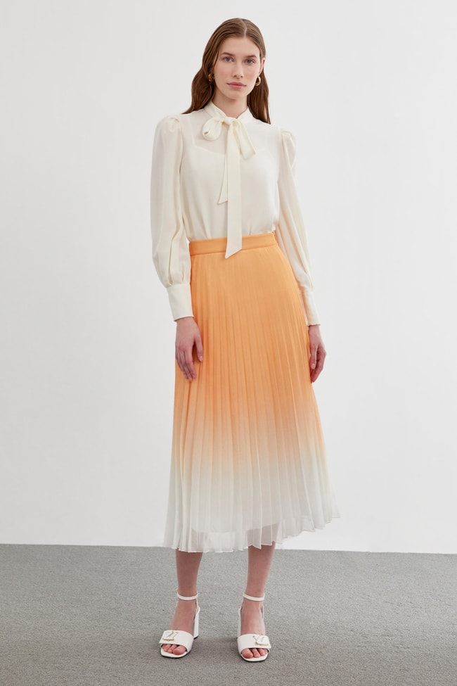 Pleated Salmon Long Skirt ETK-0148