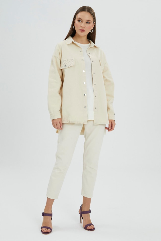 Denim Cep Kapaklı Bej Gömlek G-0042