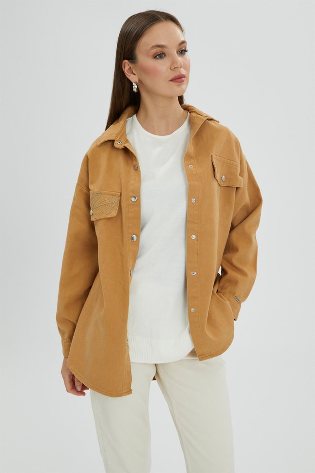 Denim Cep Kapaklı Camel Gömlek G-0042