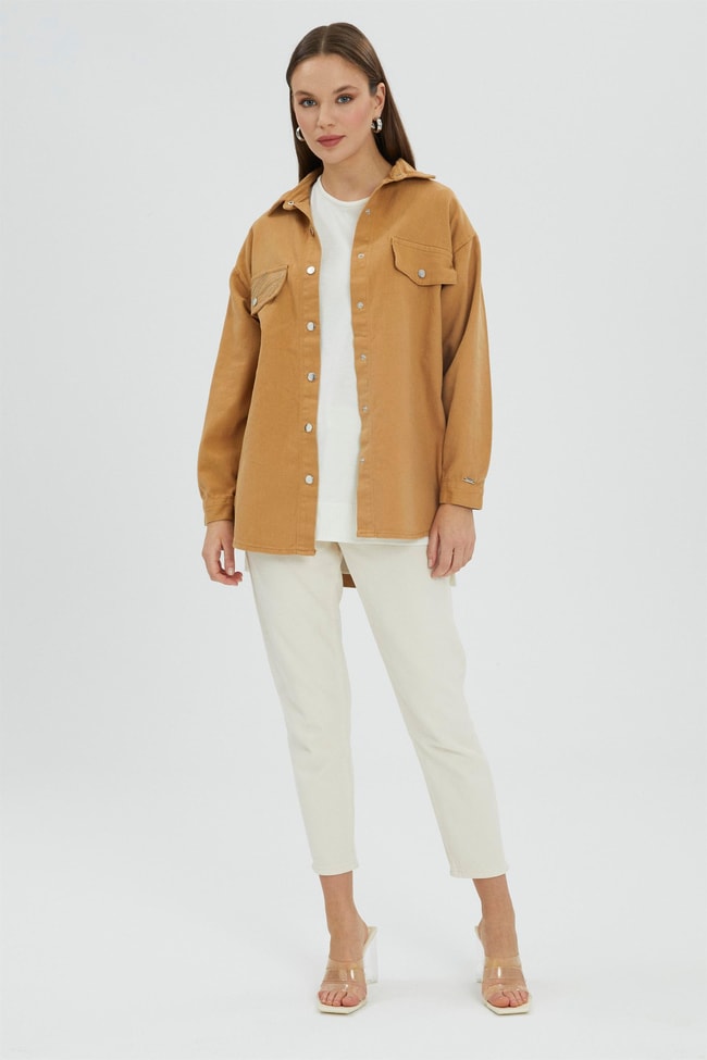 Denim Cep Kapaklı Camel Gömlek G-0042