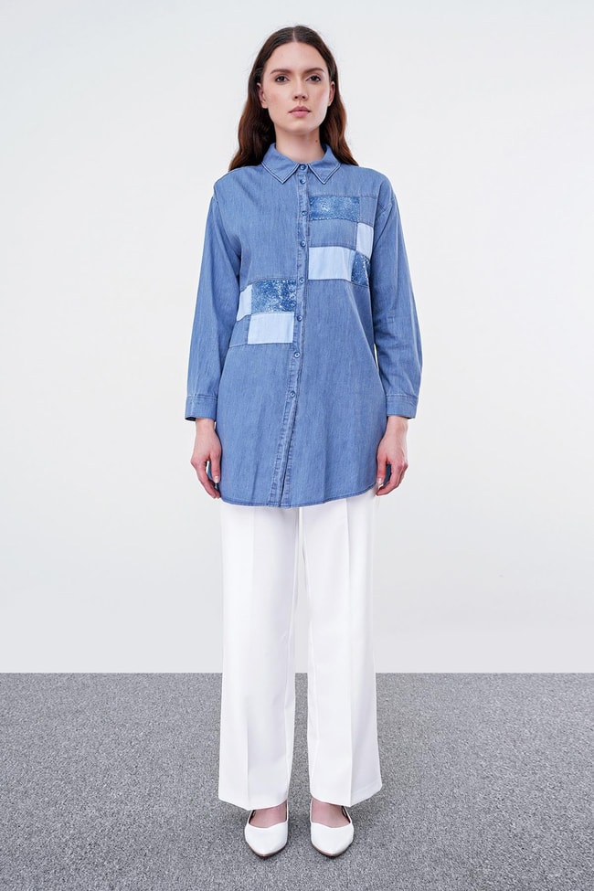 Denim Payet Detaylı Mavi Gömlek G-0054