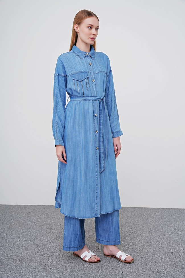 Denim Gömlek Yaka Beli Kuşaklı Giy Çık GÇ-0173