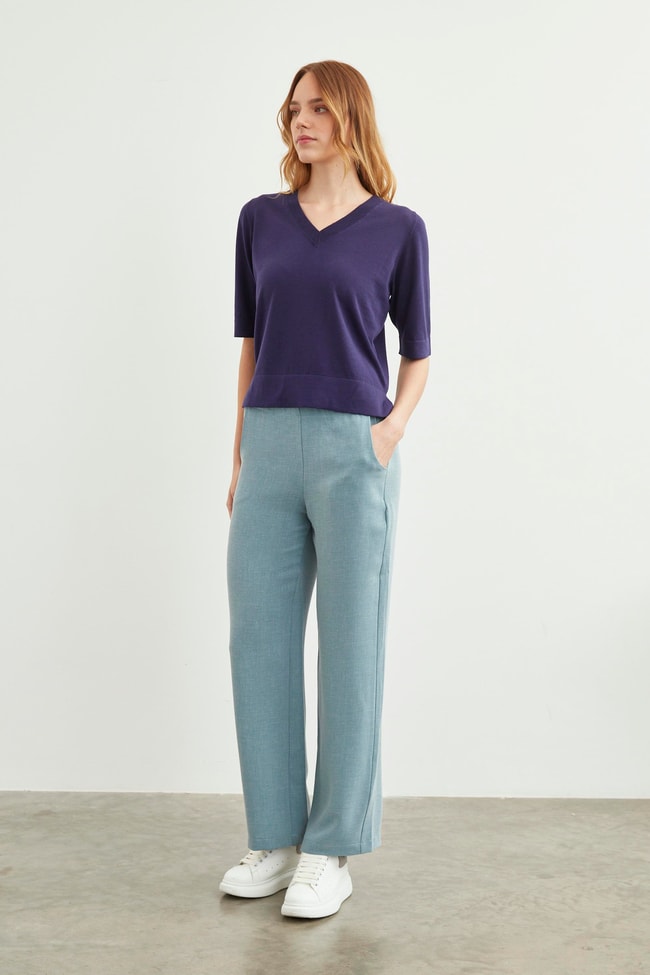 Geniş Paça Beli Lastik Detaylı Aqua Kumaş Pantolon  P-0102 Leona